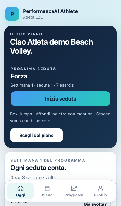 Schermata Oggi: prossima seduta e pulsante per iniziare