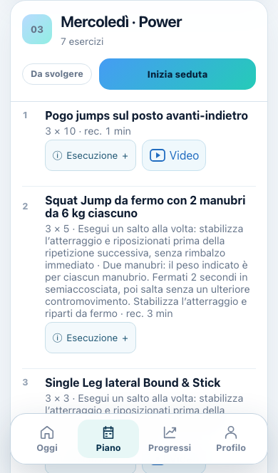 Schermata Piano: esercizi, serie, recuperi e accesso ai video