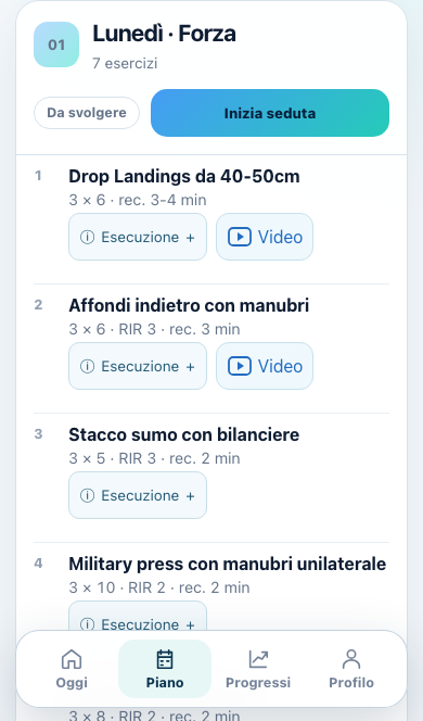 Schermata Piano: esercizi, serie, recuperi e accesso ai video