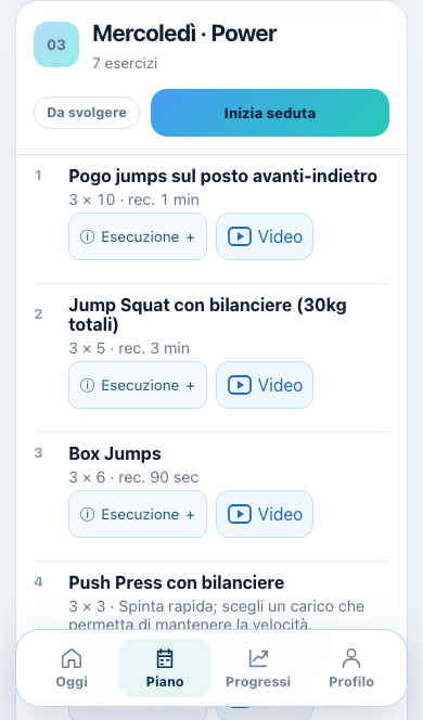 Schermata Piano: esercizi, serie, recuperi e accesso ai video