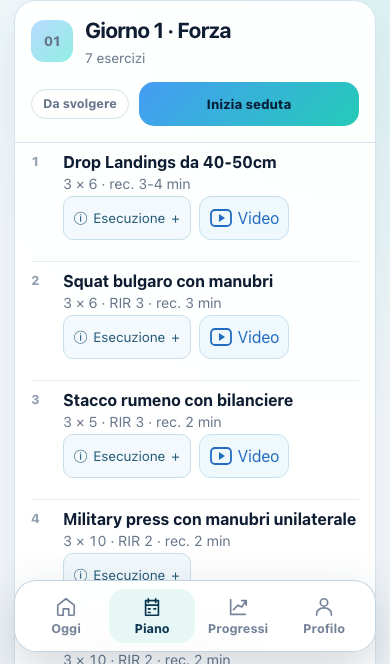 Schermata Piano: esercizi, serie, recuperi e accesso ai video