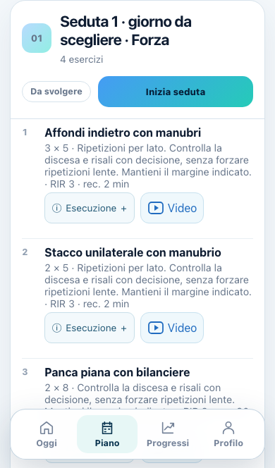 Schermata Piano: esercizi, serie, recuperi e accesso ai video