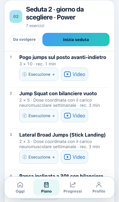 Schermata Piano: esercizi, serie, recuperi e accesso ai video