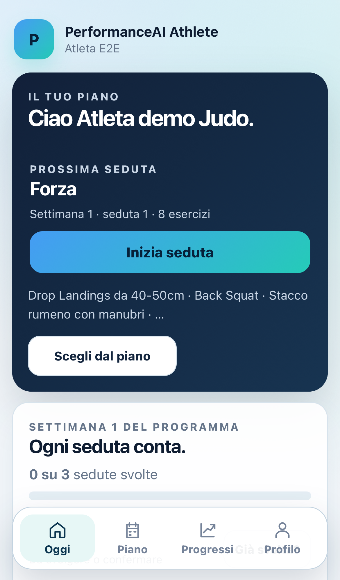 Schermata Oggi: prossima seduta e pulsante per iniziare