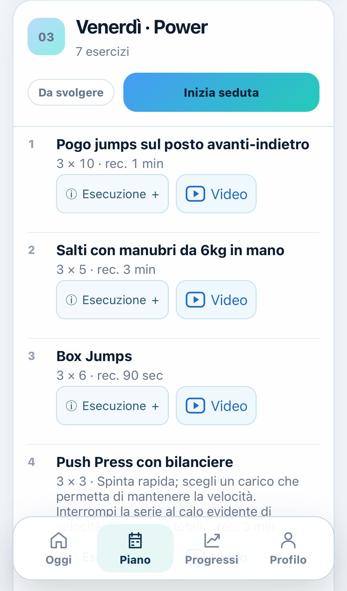 Schermata Piano: esercizi, serie, recuperi e accesso ai video