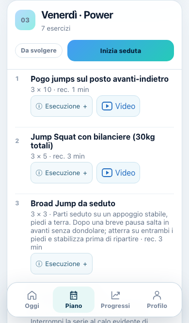 Schermata Piano: esercizi, serie, recuperi e accesso ai video