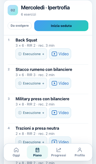 Schermata Piano: esercizi, serie, recuperi e accesso ai video