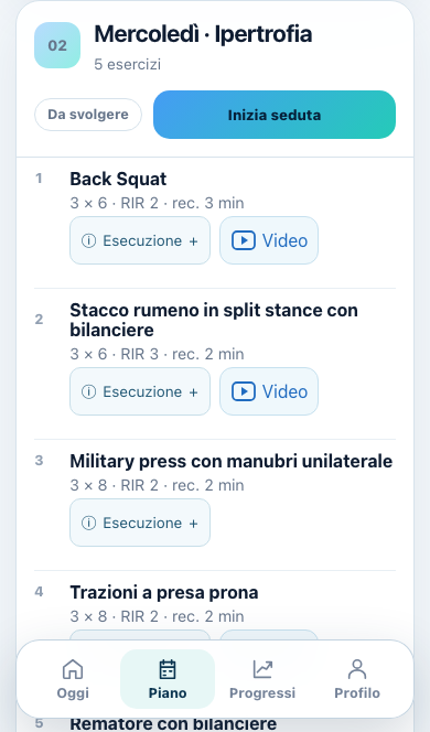 Schermata Piano: esercizi, serie, recuperi e accesso ai video