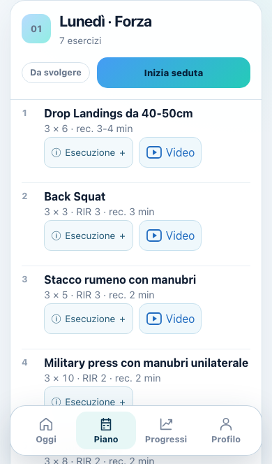Schermata Piano: esercizi, serie, recuperi e accesso ai video