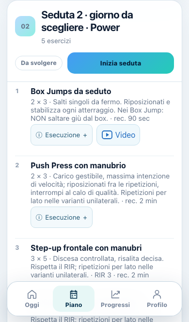 Schermata Piano: esercizi, serie, recuperi e accesso ai video