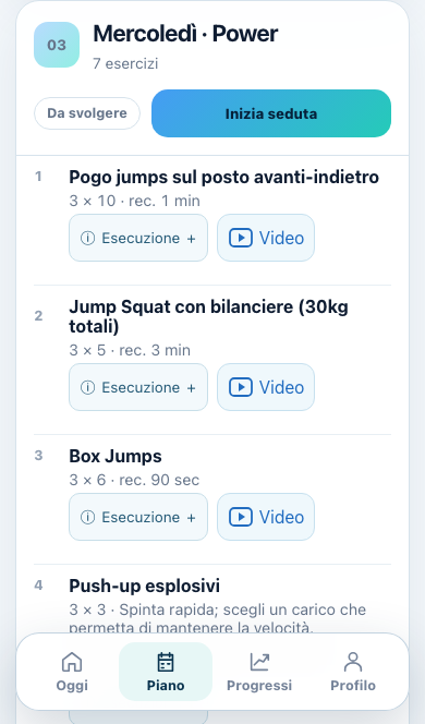 Schermata Piano: esercizi, serie, recuperi e accesso ai video