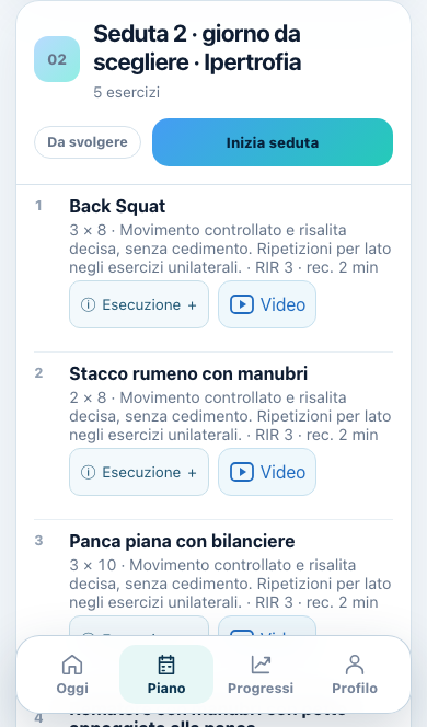 Schermata Piano: esercizi, serie, recuperi e accesso ai video
