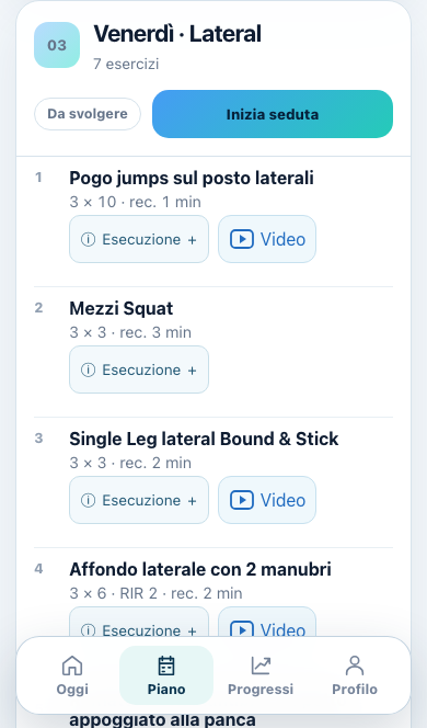 Schermata Piano: esercizi, serie, recuperi e accesso ai video