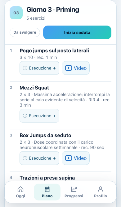 Schermata Piano: esercizi, serie, recuperi e accesso ai video