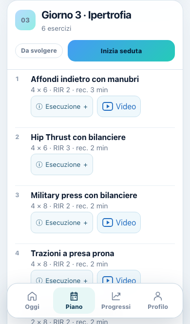 Schermata Piano: esercizi, serie, recuperi e accesso ai video