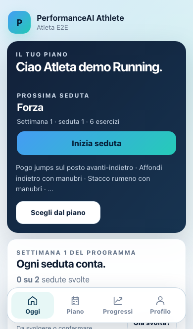 Schermata Oggi: prossima seduta e pulsante per iniziare