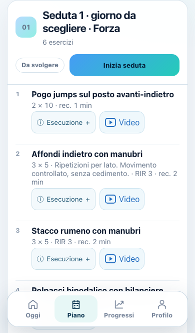 Schermata Piano: esercizi, serie, recuperi e accesso ai video
