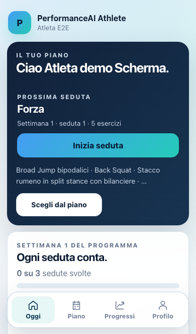Schermata Oggi: prossima seduta e pulsante per iniziare