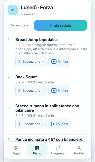 Schermata Piano: esercizi, serie, recuperi e accesso ai video