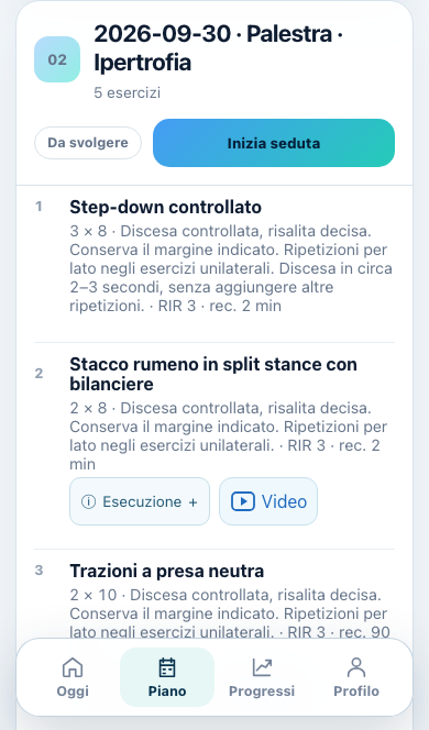 Schermata Piano: esercizi, serie, recuperi e accesso ai video