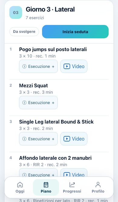 Schermata Piano: esercizi, serie, recuperi e accesso ai video