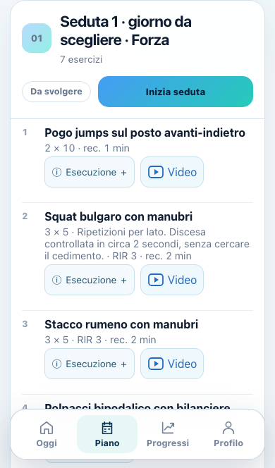 Schermata Piano: esercizi, serie, recuperi e accesso ai video