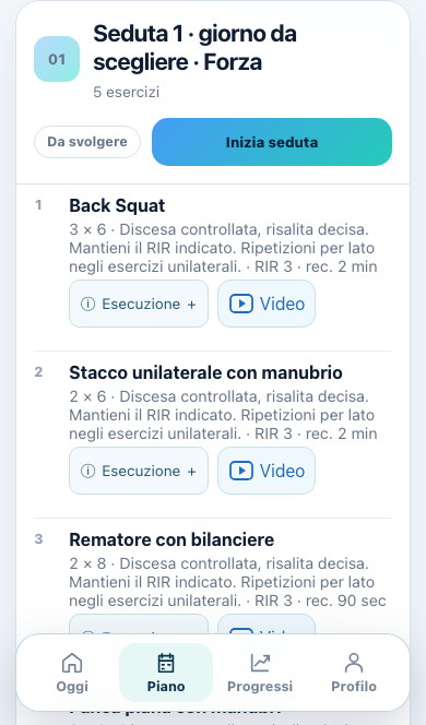 Schermata Piano: esercizi, serie, recuperi e accesso ai video