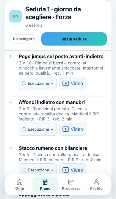 Schermata Piano: esercizi, serie, recuperi e accesso ai video
